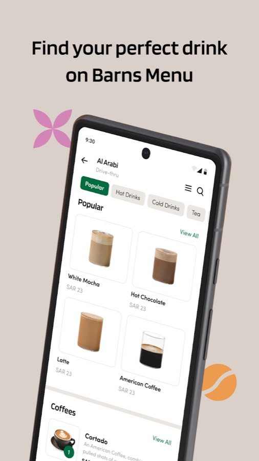 Barns app menu screen with hot and cold drink categories and prices in SAR