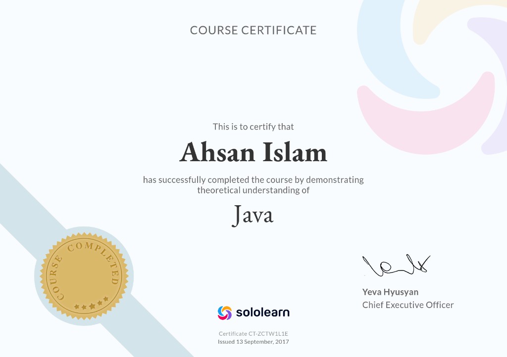 SoloLearn course certificate CT-ZCTW1L1E certifying that Ahsan Islam completed the Java course, issued 13 September 2017.