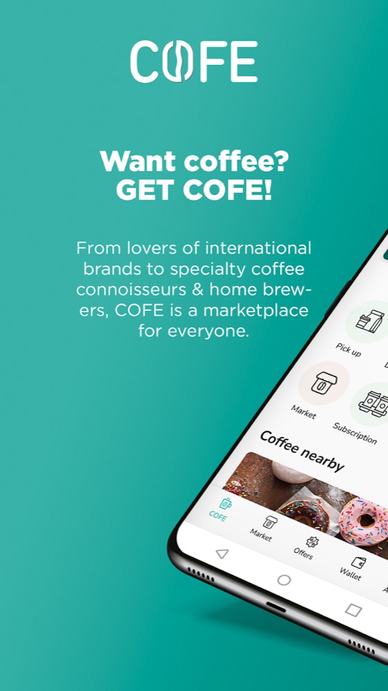 COFE app home screen listing nearby coffee brands