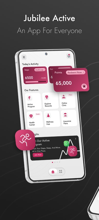Jubilee Active dashboard showing daily steps and reward points